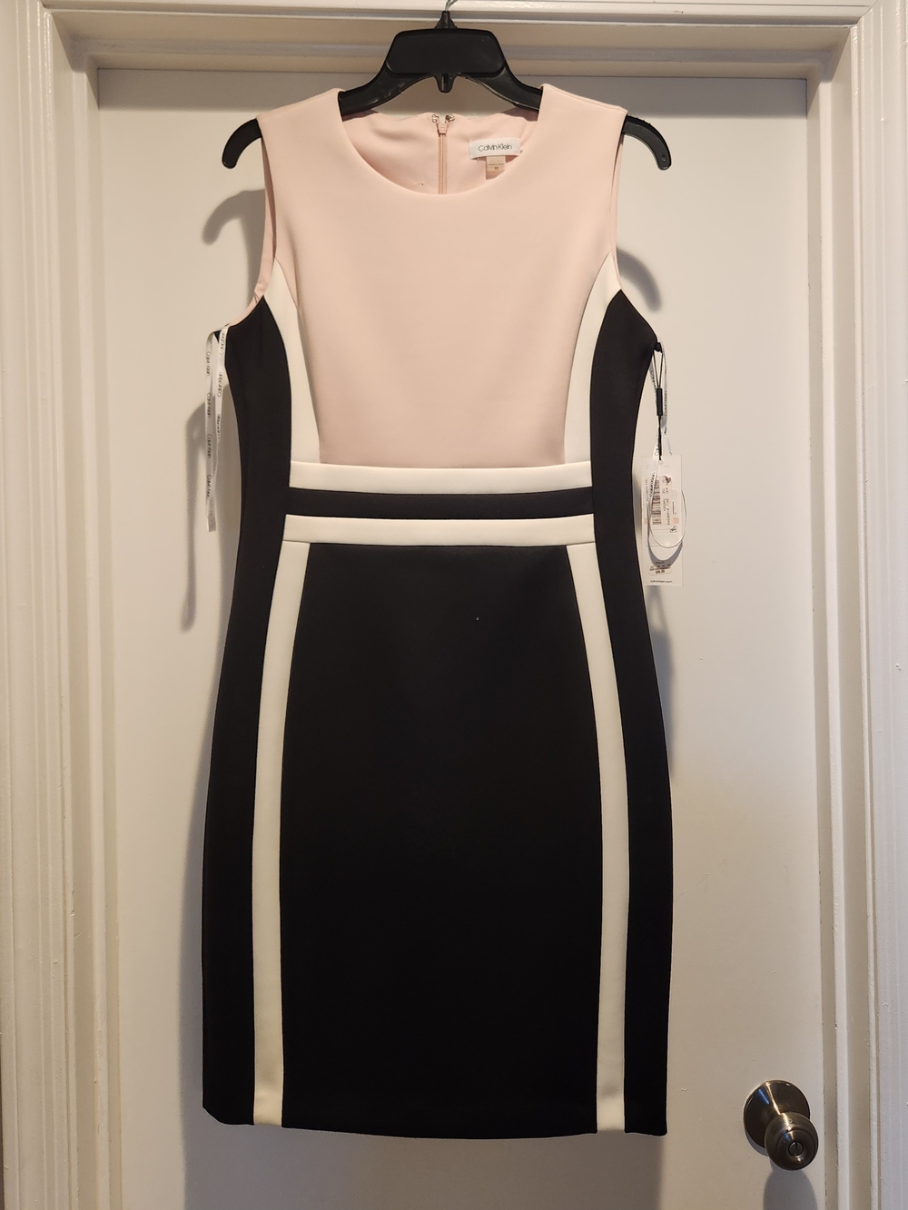 Calvin Klein Light Pink, Black and White Colorblock Sheath Dress